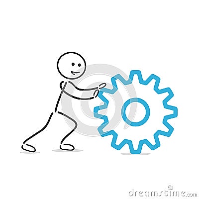 Pushing gearwheel stick man cartoon figure Vector Illustration