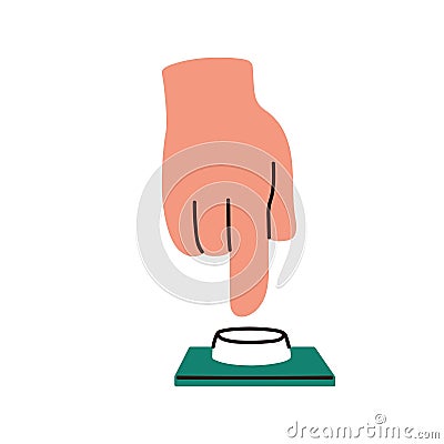 Pushing, pressing down control button with index finger. Hand calling, turning on and off, starting and stopping with Vector Illustration