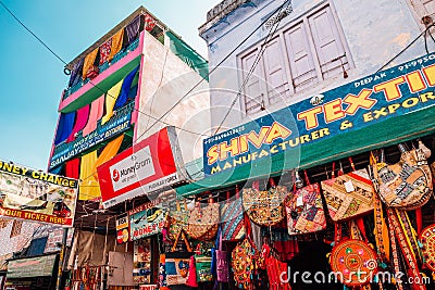 Indian style bag shop at Pushkar old street market in India Editorial Stock Photo