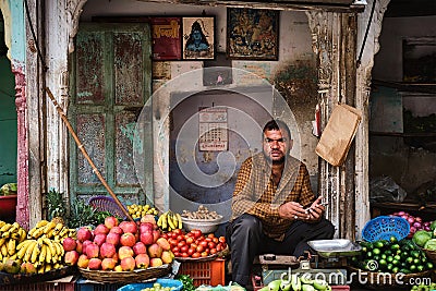 Vegetable street shop vendor selling vegetables in the street of Pushkar, Rajasthan, India Editorial Stock Photo