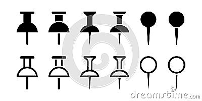 Pushpin icon set. Thumbtack icon collection. Drawing pin in glyph and outline. Thumb tack symbol in black Vector Illustration