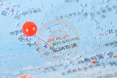 Pushpins mark the location of Funafuti, the capital of Tuvalu, on the map Stock Photo