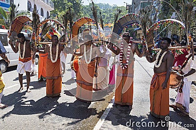 Pussellawa, Sri Lanka, 03/20/2019: Hindu festival of Thaipusam - body piercing rituals under the blood moon. Devotees parading Editorial Stock Photo