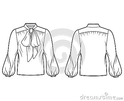 Pussy-bow blouse technical fashion illustration with oversized body, loose fit, long bishop sleeves. Vector Illustration