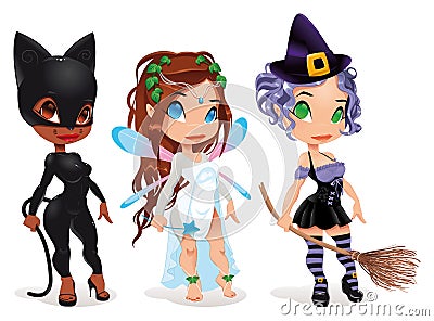 Pussy, Fairy and Witch. Vector Illustration