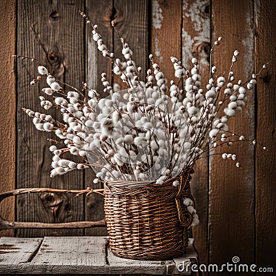 Pussywillow Bouquet in Wicker Basket Stock Photo