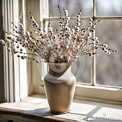 Pussywillow Bouquet In Window Sunlight Stock Photo