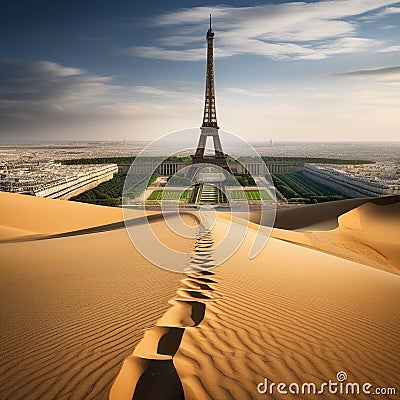 Put the Eiffel Tower in Paris on the sand deserts but keep Stock Photo