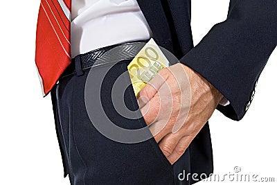 Put the money int he pocket Stock Photo