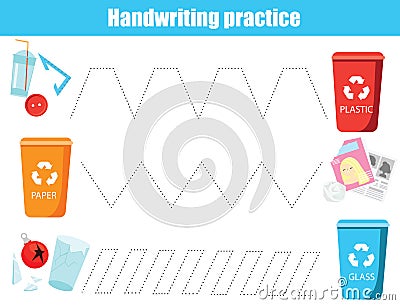 Put trash in bin. handwriting practice sheet. Educational children game. Preschool Tracing for toddlers. Waste sorting theme for Vector Illustration
