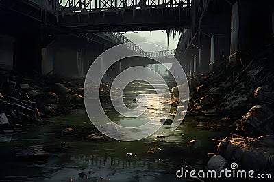 The putrid canal filled with garbage and wastewater, with murky green water. AI Generated Stock Photo