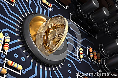 Putting Bitcoin Into Coin Slot On Blue Motherboard And Creating Heart Shape With Reflection Stock Photo
