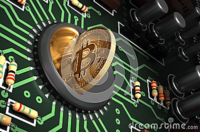 Putting Bitcoin Into Coin Slot On Green Motherboard And Creating Heart Shape With Reflection Stock Photo