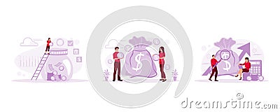 Putting coins into the jar. Collecting money in a money bag. Check the money bag with the upward arrow. Active Income concept. Vector Illustration