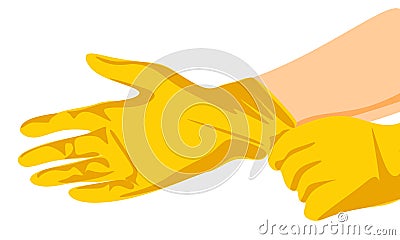 Putting latex on gloves. Protective latex yellow gloves. Symbol of protection against viruses and bacteria. Cartoon Vector Illustration