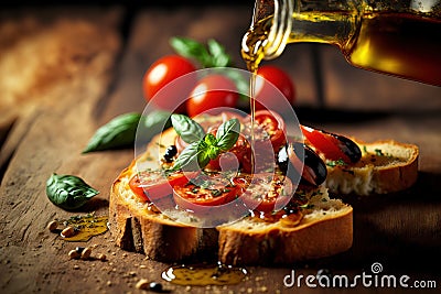 putting oil over delicious bruschetta on a wooden table, closeup Stock Photo