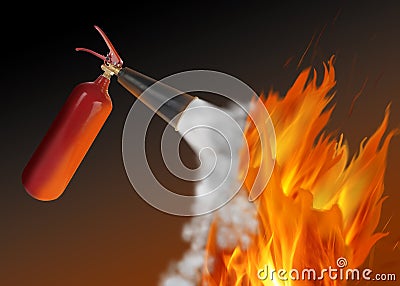 Putting out flame with fire extinguisher on dark background Stock Photo