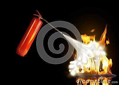 Putting out flame with fire extinguisher on dark background Stock Photo