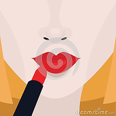 Putting red lipstick on lips, beauty concept Vector Illustration