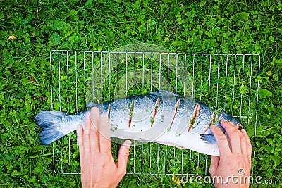 Putting salmon fish on grill Stock Photo