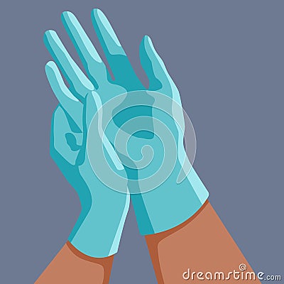 Putting surgical latex gloves on grey backdrop for web element. Vector Illustration