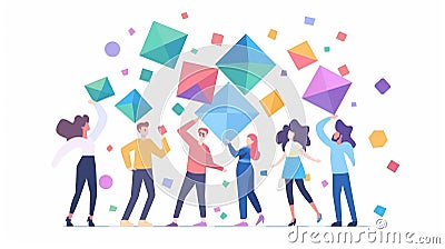 Putting together abstract geometric shapes. Businesspeople working together, communicating, teambuilding, collaboration Cartoon Illustration