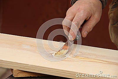 Putty knife in old man`s hand. Removing paint from a wood surface. Preparation of boards before impregnation with Stock Photo