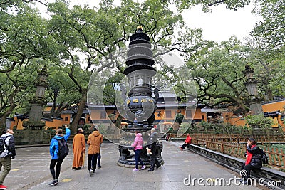 Huge and tall copper censer of fayuchansi temple in Putuoshan Island Scenic area, adobe rgb Editorial Stock Photo