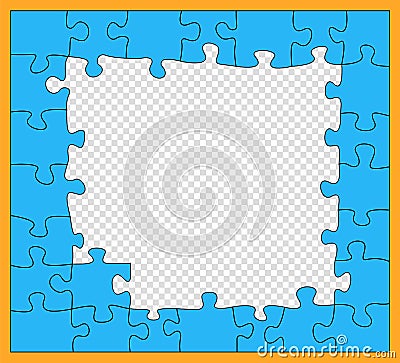 Puzzle, blue mosaic with dark outline, incomplete, flat style. Jigsaw pieces. Details unfold. Business concept. Vector pattern, Vector Illustration