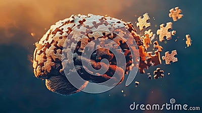 Puzzle brain disintegrating into pieces, representing memory loss and cognitive decline Stock Photo