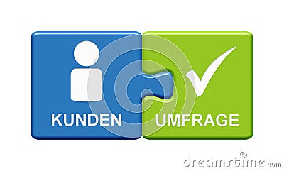 2 Puzzle Buttons green and blue showing Customer Survey german Stock Photo