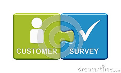 2 Puzzle Buttons green and blue showing Customer Survey Stock Photo