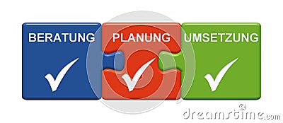 3 Puzzle Buttons showing Consulting Planning Implementation german Stock Photo
