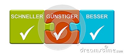 3 Puzzle Buttons showing Faster, Cheaper and Better german Stock Photo