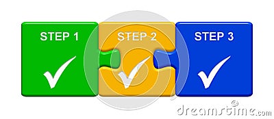 3 Puzzle Buttons showing Step 1, 2, 3 Stock Photo