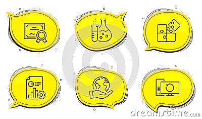Puzzle, Chemistry flask and Report icons set. Recovery computer sign. Vector Vector Illustration
