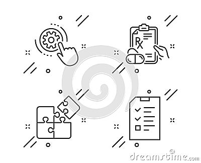 Puzzle, Cogwheel settings and Prescription drugs icons set. Interview sign. Vector Vector Illustration