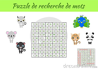 Puzzle de recherche de mots - Word search puzzle with pictures. Educational game for study French words. Kids activity worksheet Cartoon Illustration