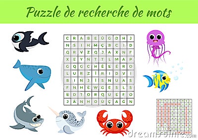 Puzzle de recherche de mots - Word search puzzle with pictures. Educational game for study French words. Kids activity worksheet Cartoon Illustration