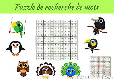 Puzzle de recherche de mots - Word search puzzle with pictures. Educational game for study French words. Kids activity worksheet Cartoon Illustration