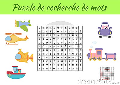 Puzzle de recherche de mots - Word search puzzle with pictures. Educational game for study French words. Kids activity worksheet Vector Illustration