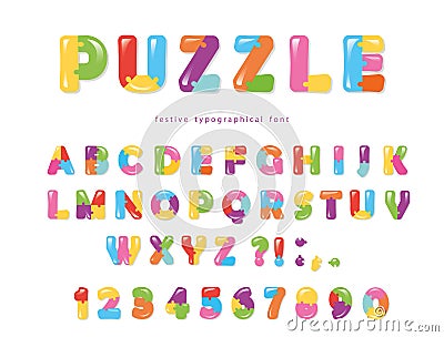 Puzzle font. ABC colorful creative letters and numbers. Cartoon Illustration