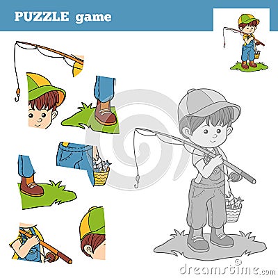Puzzle Game for children with the boy fisher Vector Illustration