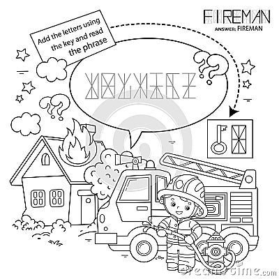 Puzzle Game for children. Coloring Page Outline Of cartoon fireman or firefighter with fire truck. Fire fighting. Coloring book Vector Illustration