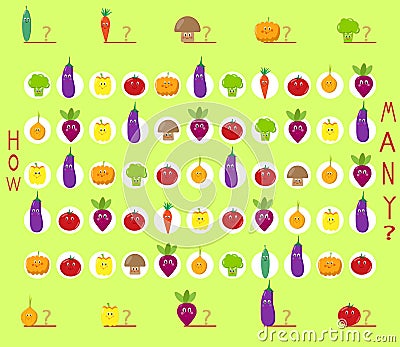 Puzzle game, count the cute vegetables Vector Illustration