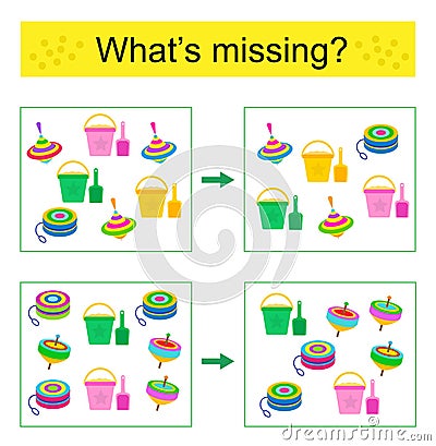 Puzzle game. Find the missing object. Cartoon toys. Vector illustration Vector Illustration
