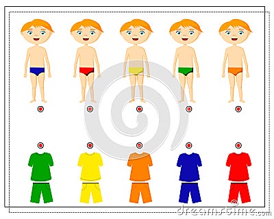 A puzzle game for kids. Color training that matches the colors of the clothes. clothing for boys in different colors Vector Illustration