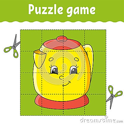 Puzzle game for kids. Education developing worksheet. Learning game for children. Kitchen kettle. Color activity page. For toddler Vector Illustration