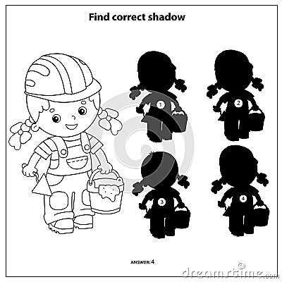 Puzzle Game for kids. Find correct shadow. Builder girl with cement mortar and trowel. Profession. Coloring book for children Vector Illustration