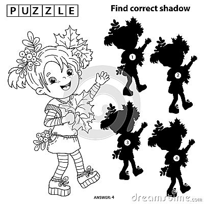 Puzzle Game for kids. Find correct shadow. Coloring Page Outline Of cartoon girl with autumn leaves and sprigs of mountain ash. Vector Illustration